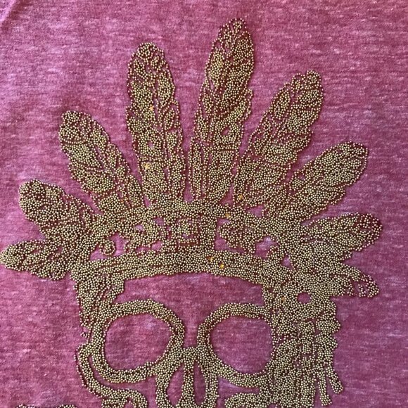 The Clas-sic Skull Tee Tank Top Beaded Pink Heathered Shirt with Fringe Sz Large - Picture 14 of 16